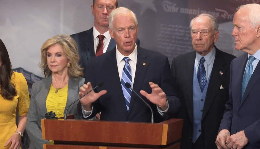 – Preserve the original facts and quoted claim, attributing the description to GOP senators. – Use strong, direct conservative language, keep acronyms like FBI and GOP in all caps.