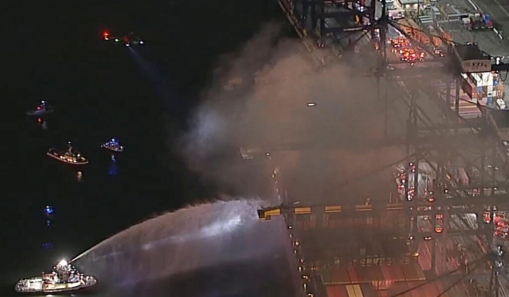 Container ship with hazardous materials burns in Los Angeles Friday